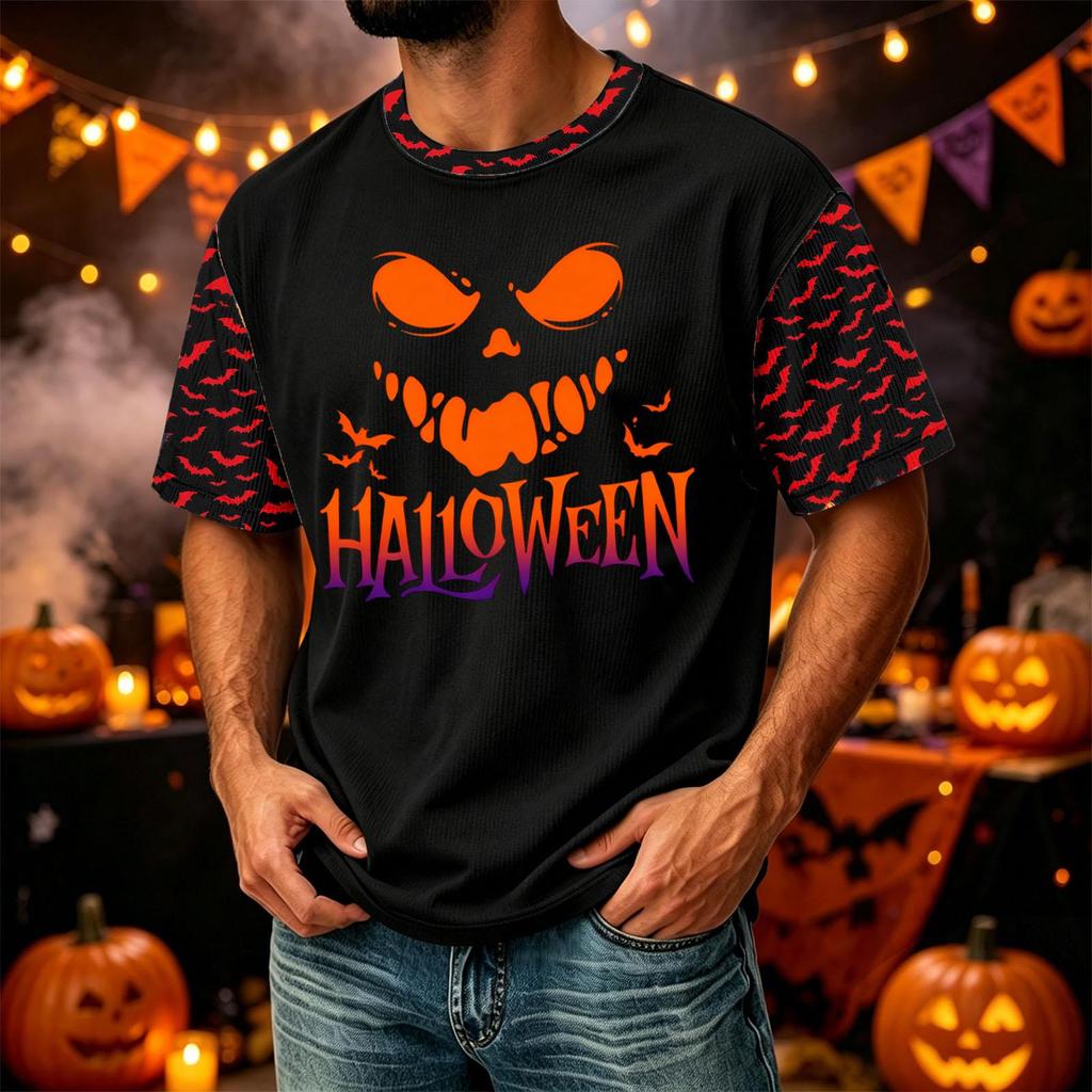 Men's Casual Corduroy Round Neck Lightweight Breathable Short Sleeve Top Halloween Print Lettering Design
