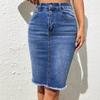 Women's Blue Washed Denim Hip-Hugging Skirt with Frayed Edge