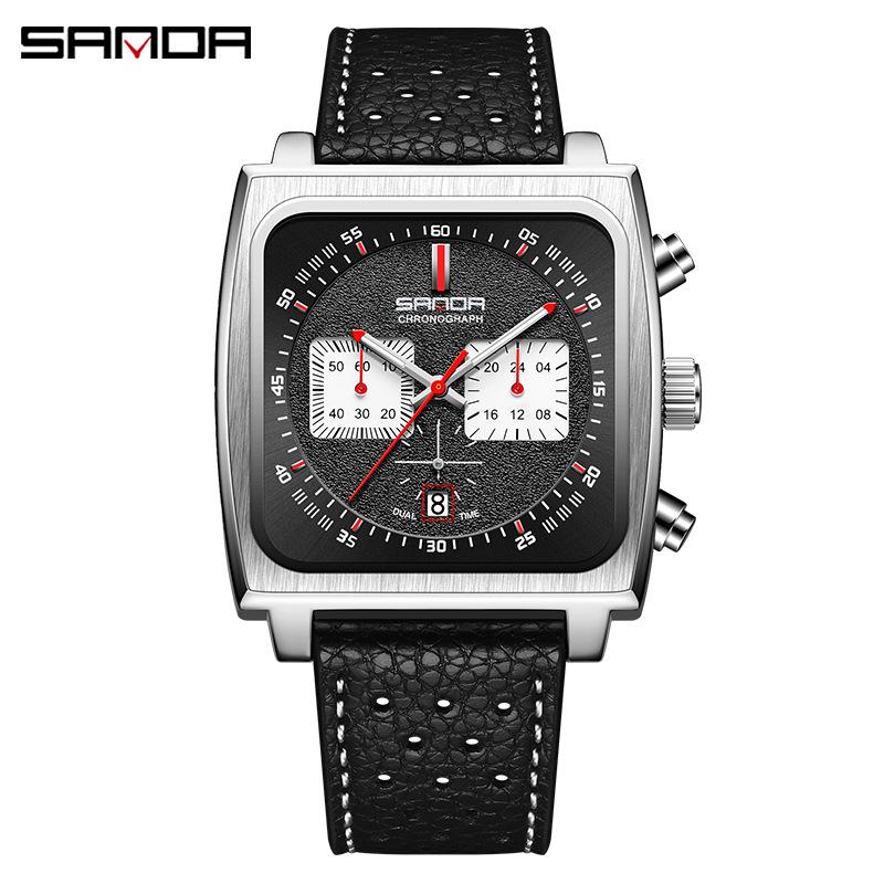 Sanda Men's Chronograph Quartz Watch: Square Dial, Three Eyes, Six Hands, Luminous, Calendar, Waterproof.