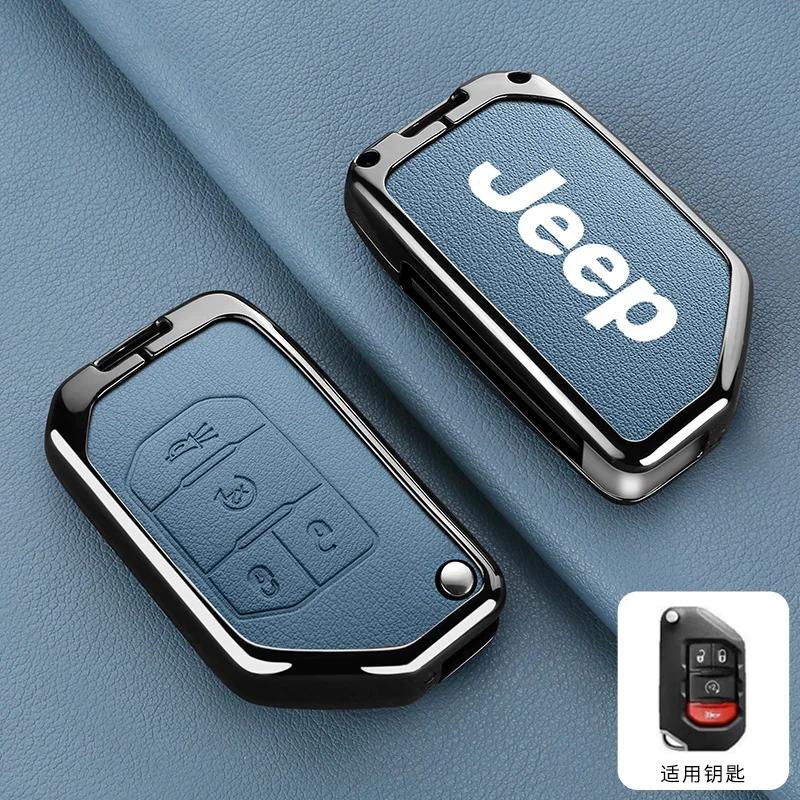 For Jeep Metal Leather Car Key Case Cover Shell Keychain for Jeep Wrangler Gladiator JL JLU Rubicon Sahara JLU JT 2018-2022 A