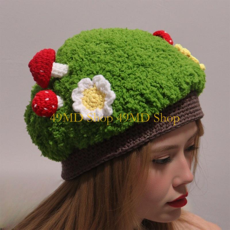 49MD Lovely Mushroom Theme Skull Cap Women DressingUp Event Photo Props Warm Headwear