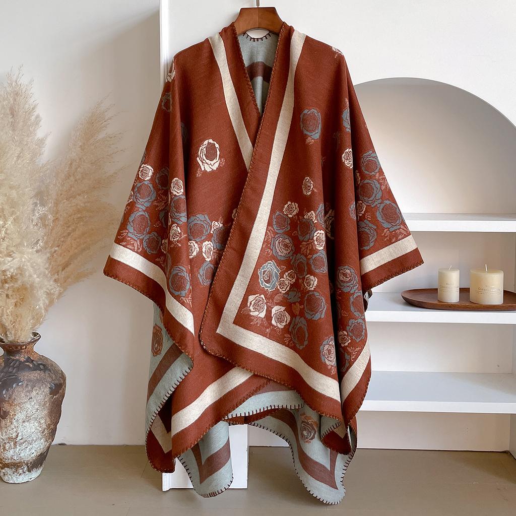 Fashion Winter Cashmere Shawl For Women - Floral Oil Painting Printed Pashmina Thick Scarf, Warm Wrap & Echarpe Poncho