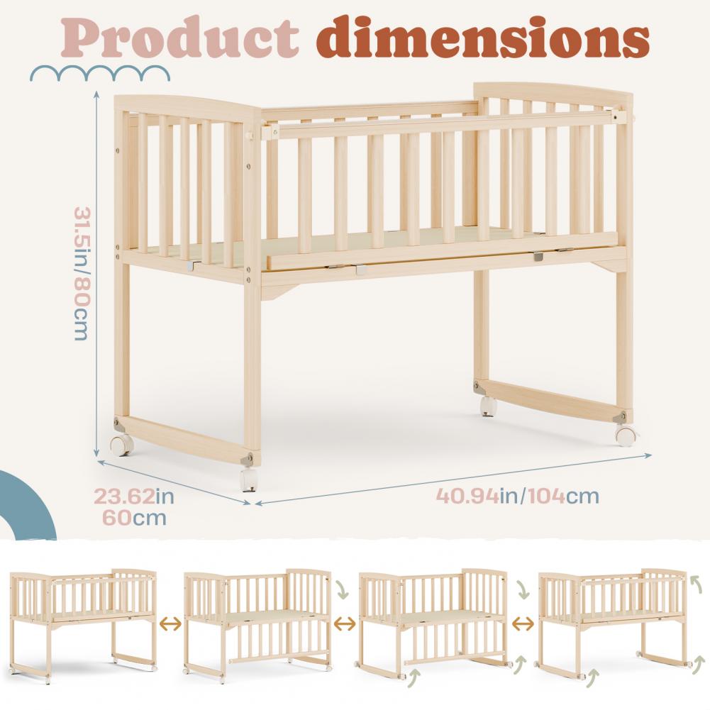 Portable Wooden Bedside Bassinet Newborn Baby Crib with Adjustable Side And Wheels Pine Co-Sleeping Crib for Parents