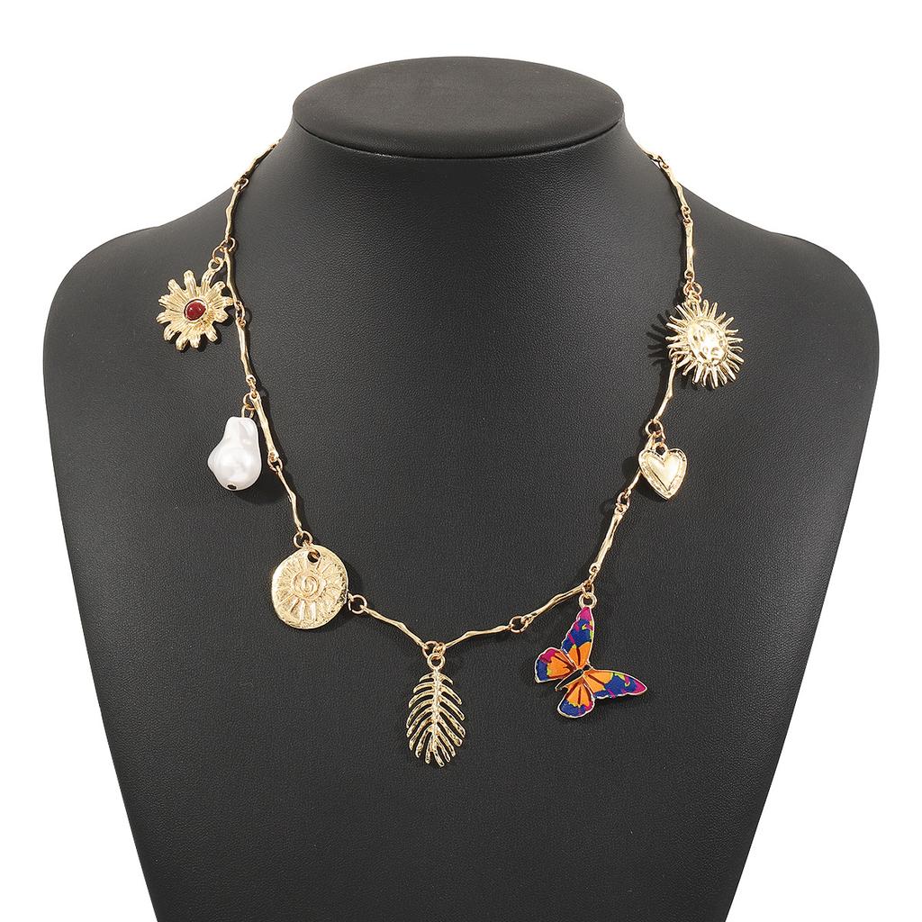 Trend Personality Multi-element Pendant Necklace Vacation Style Colored Oil Drip Flower Sun Butterfly Clavicle Chain