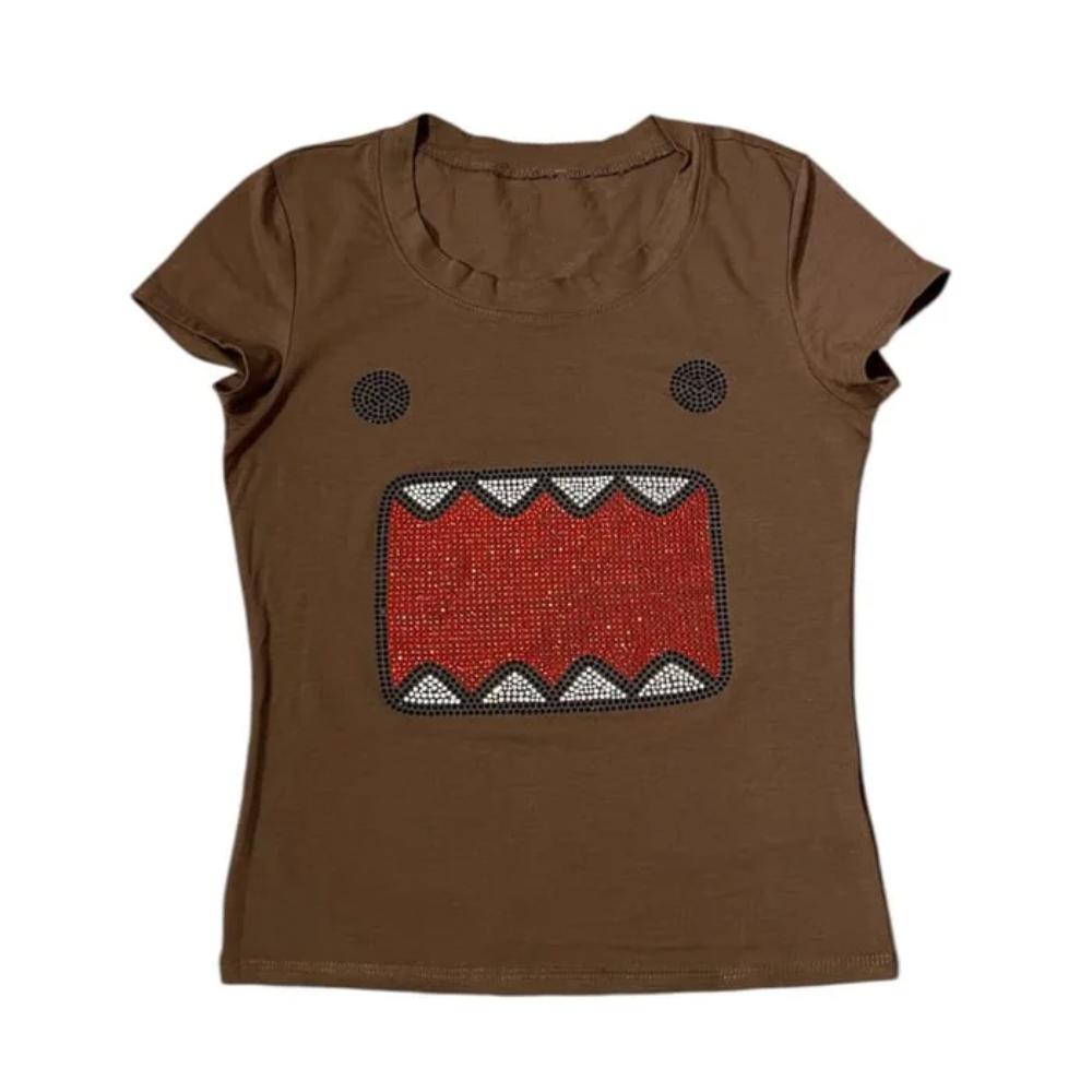 Casual Streetwear Kawaii Domo Kun Rhinestone Cartoon 2000s Quality Round Neck Short Sleeves Simple Daily Routine Fit T Shirt Top