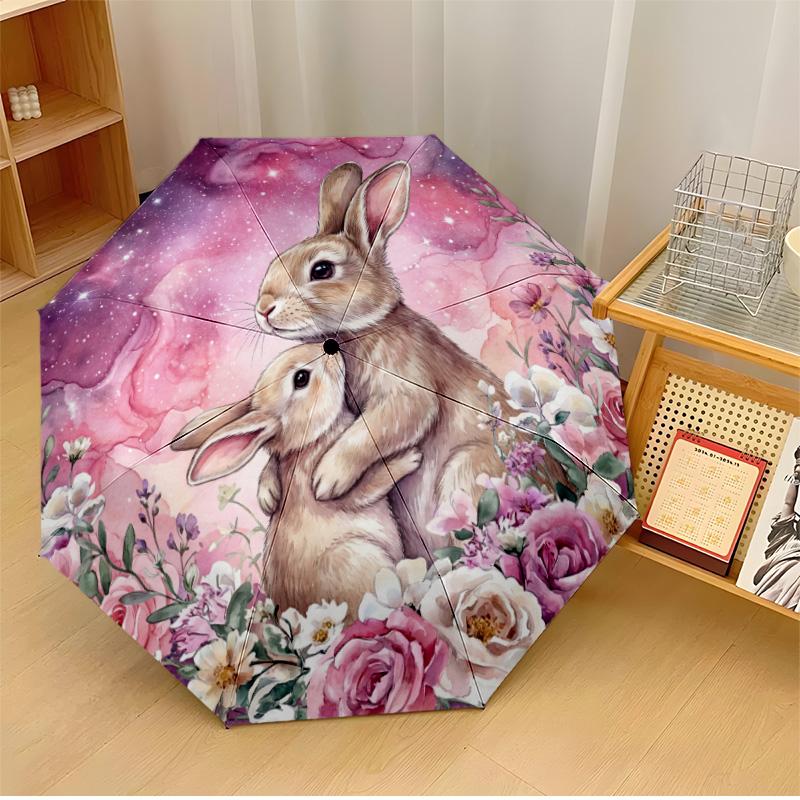 

Rabbits Among Flowers (3) Printed umbrella windproof folding umbrella portable sun and rain umbrella suitable for gifting