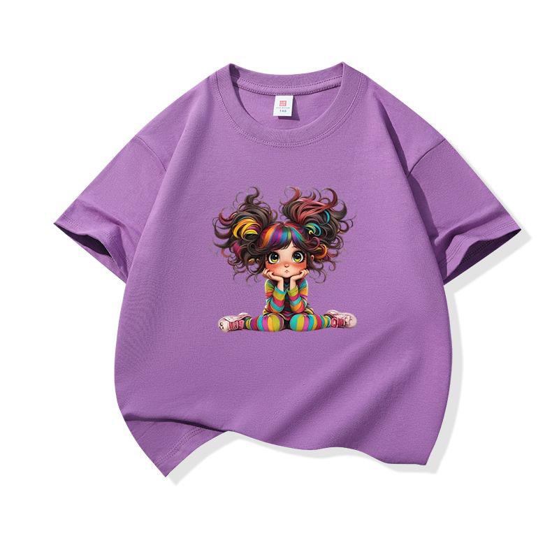 Kids Cotton T Shirt Charming Rainbow Hair Girl Sitting Print Crew Neck Short Sleeve Tee Casual Boys Girls Summer Tops