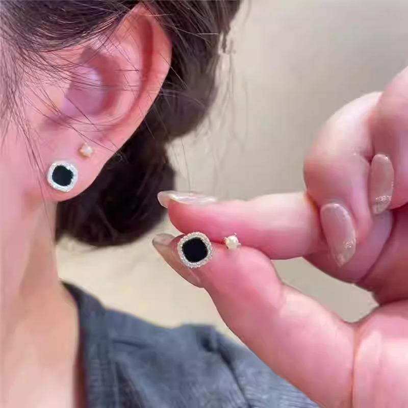 Black Square Pearl Stud Earrings Set of Four - Silver Hooks, Elegant Ear Accessories