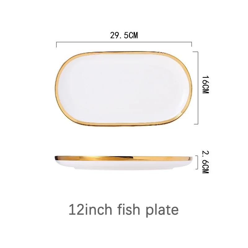 Gilt Rim White Porcelain Dinner Tray Food Dishes Rice Salad Noodles Bowl Ceramic Plates Bowls Kitchen Plates Ceramic Tableware