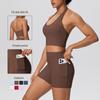 Solid Color Cross-Border Yoga Suit Set: Brushed Hanging Neck Vest with Pocket Pants and Fitness Shorts for Women