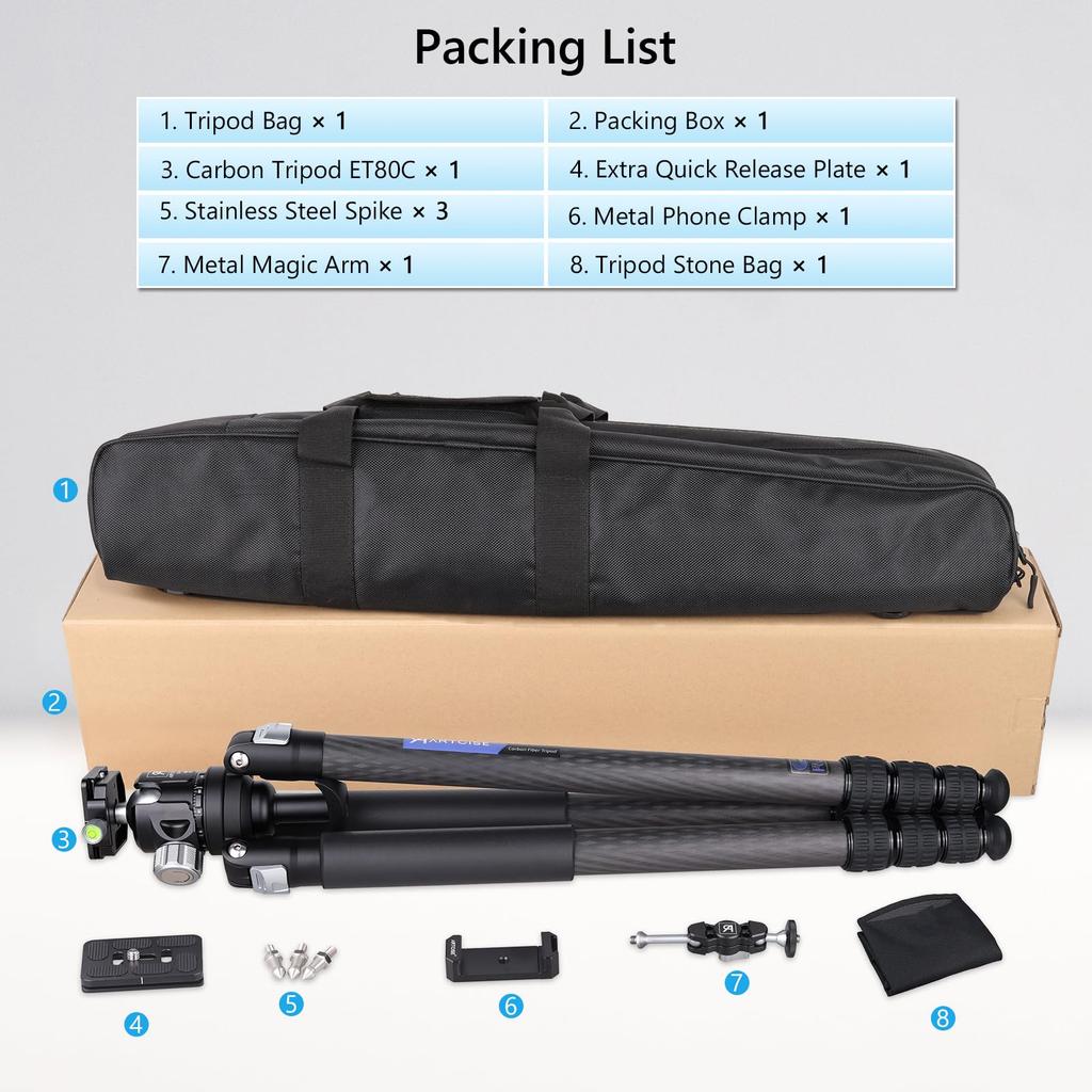 ARTCISE Lightweight Carbon Ball Tripod 44mm Ball Low Center of Gravity Head Tube Compact Travel Carbon Fiber Camera Video CNC 360 Degree Panoramic