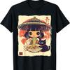 Cute Kawaii Girl Eating Ramen with Black Kitten Anime Style T-Shirt
