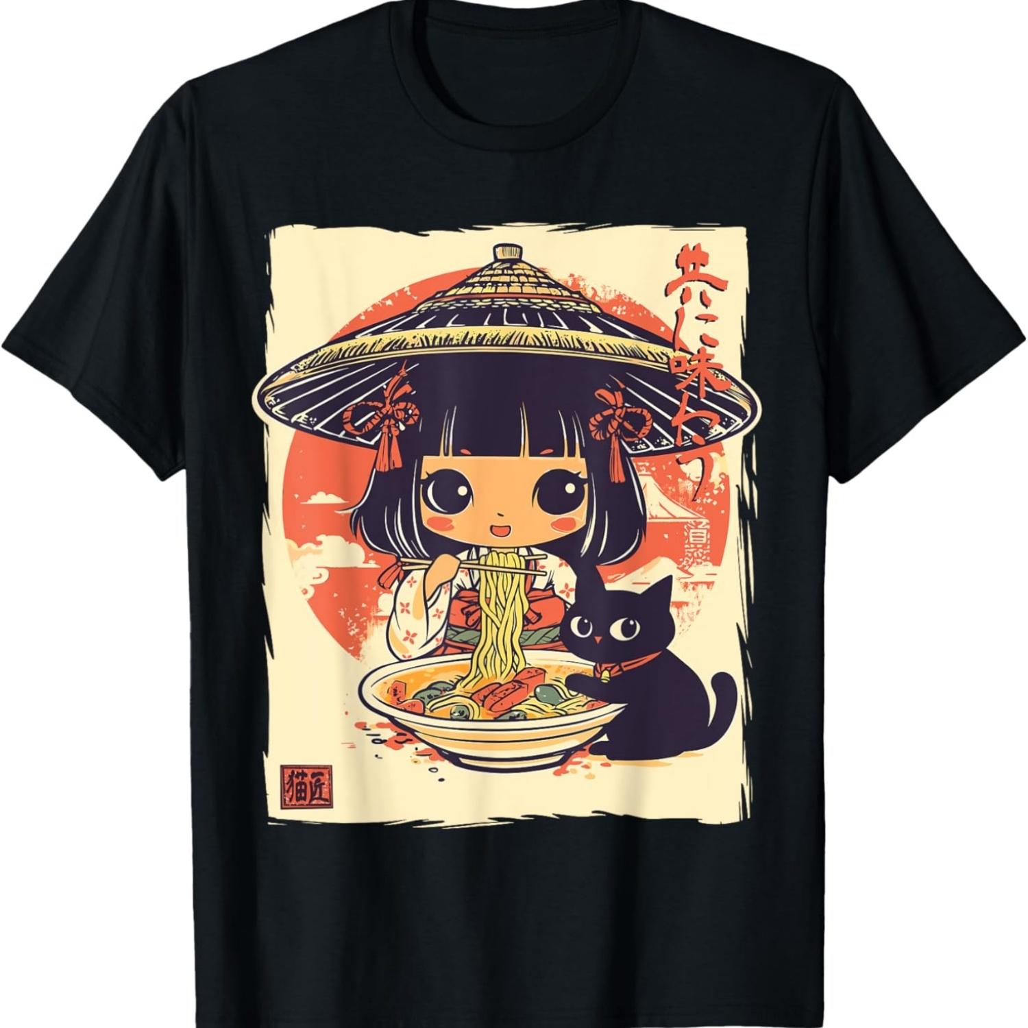 Cute Kawaii Girl Eating Ramen with Black Kitten Anime Style T-Shirt S чёрный