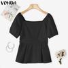 VONDA Women Square Collar Puff Sleeve Ruffled Casual Rumple Blouse