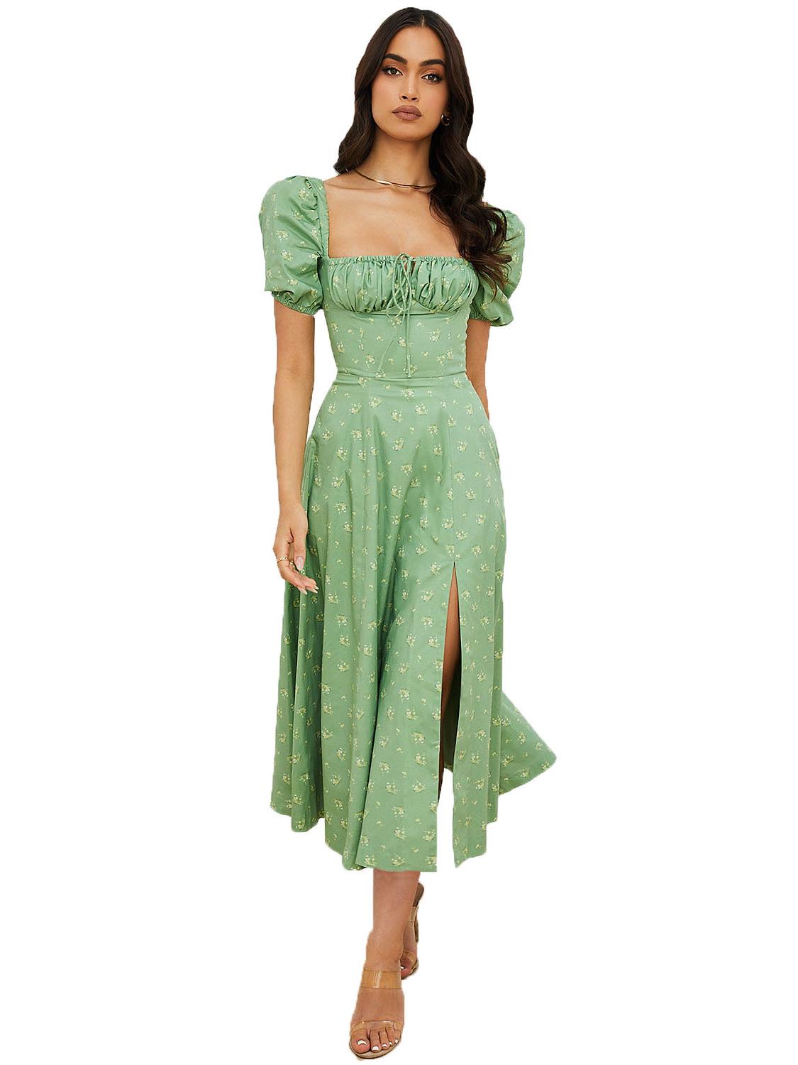 

2025 European & American Floral Puff Sleeve Tie-Slit Summer Dress for Women Large
