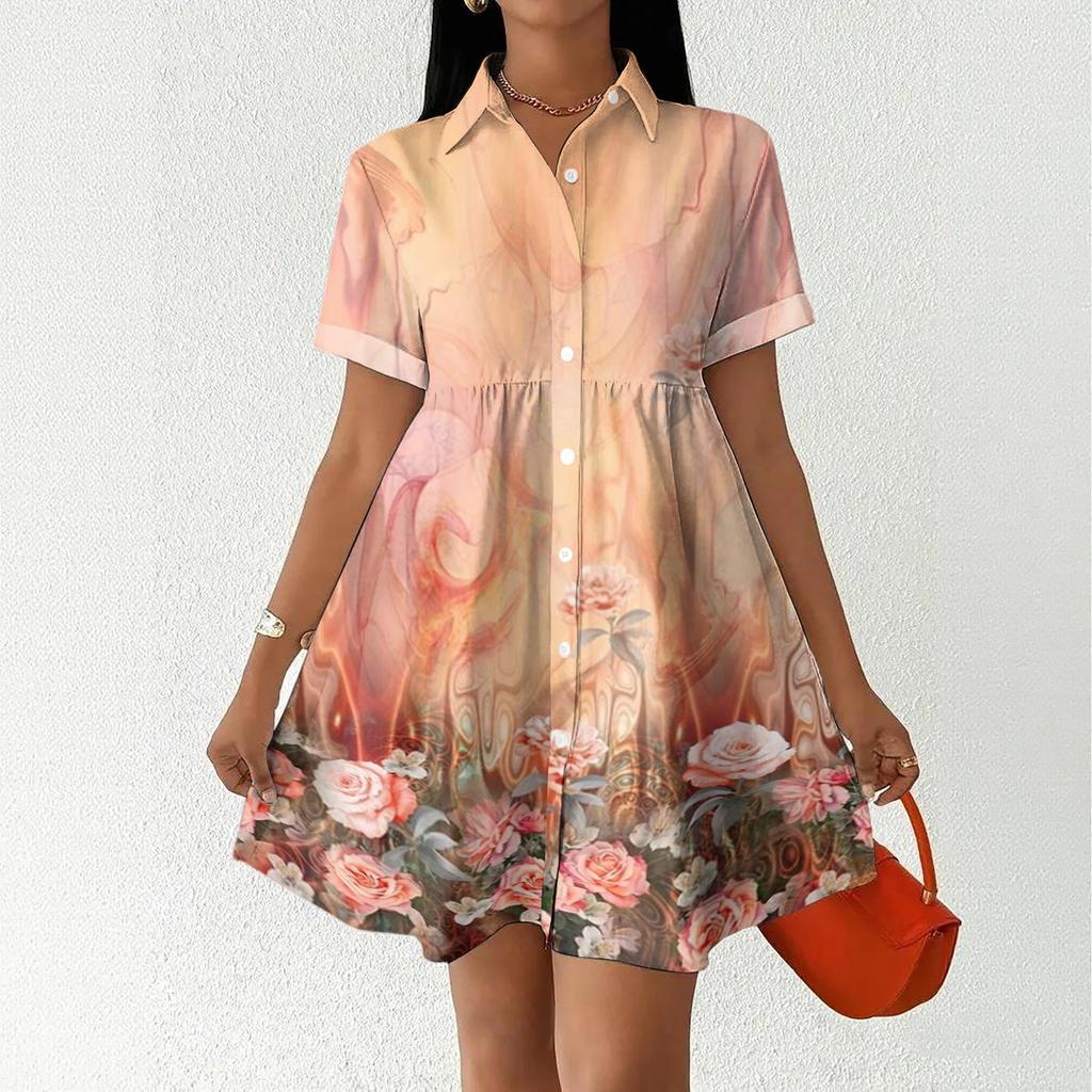 Women's Casual Loose Fit Shirt Dress Button Front Short Sleeve Collared Dress with Floral Print Suitable for Daily Wear and Outdoor Activities