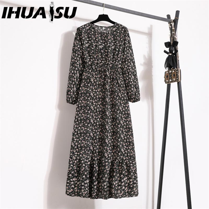 IHUASU 25 Colors Spring Women Maxi Dresses Casual Long Sleeve Floral Print O-Neck Ladies Long Dress Bohe Beach Party Mujer Vestidos Muslim Dress