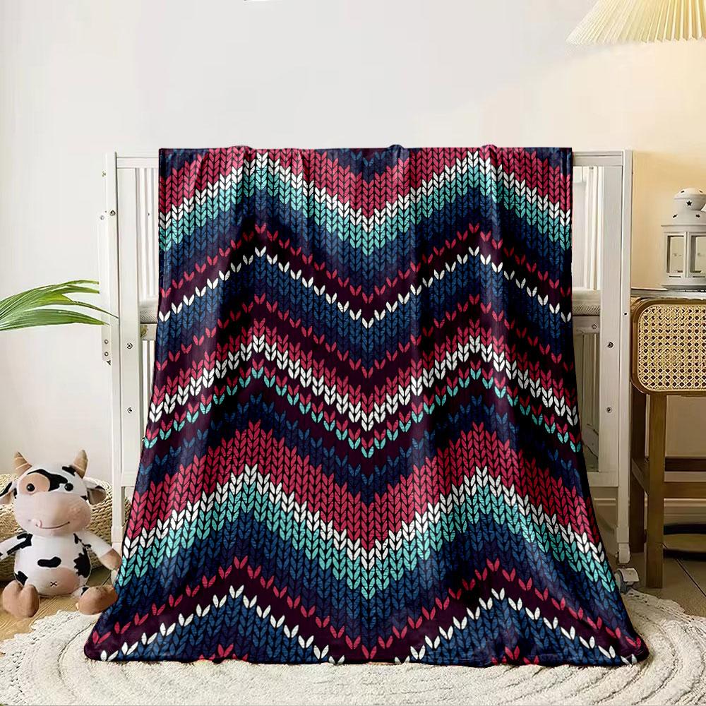 Chevron knit pattern with alternating colors: red, blue, teal, and white. for all seasons blanket lunch break throw gift 80cm x 120cm