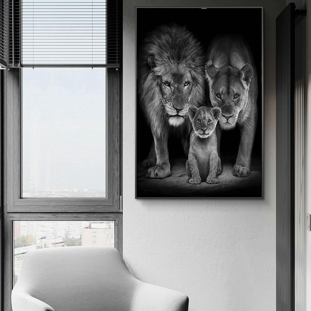 Pinturas artísticas de pared de la familia de leones africanos impresas en lienzo, carteles artísticos e impresiones de imágenes de animales en blanco y negro para la sala de estar