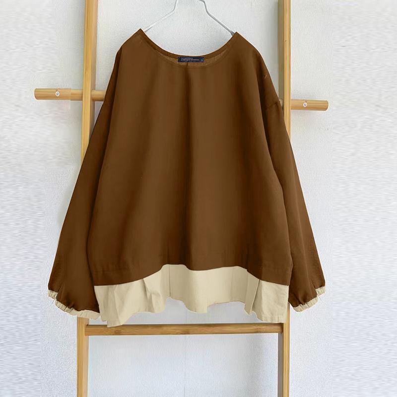 

ZANZEA Женские осенние блузки с круглым вырезом и цветными блоками, с длинным рукавом 2XL коричневый