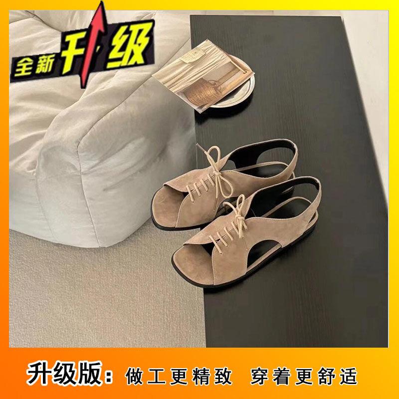 2025 summer new open-toe straps flat-bottomed niche sandals fashionable versatile retro outerwear lace-up sandals women