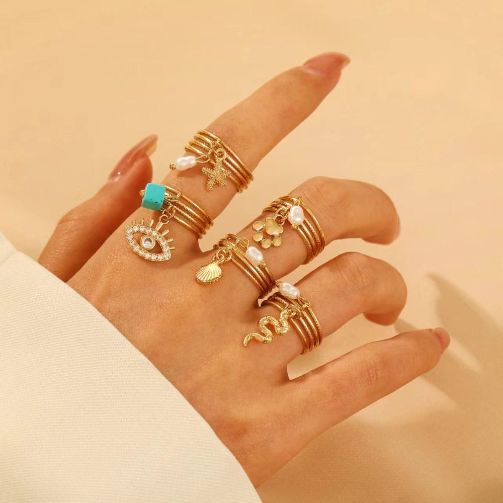 Luxury Design Baroque Pearl Eye Snake Pendant Rings for Women Retro Charm Gold Color Zircon Starfish Shell Finger Jewelry Gift