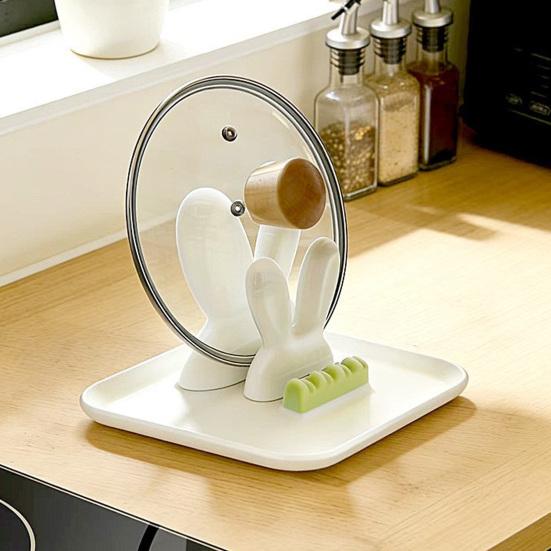 Pot Lid Organizer, with Drain Tray Double-Layer Card Slot, Cute Bunny Ears Shape Organizer, for Kitchen Pot Lids And Spatulas