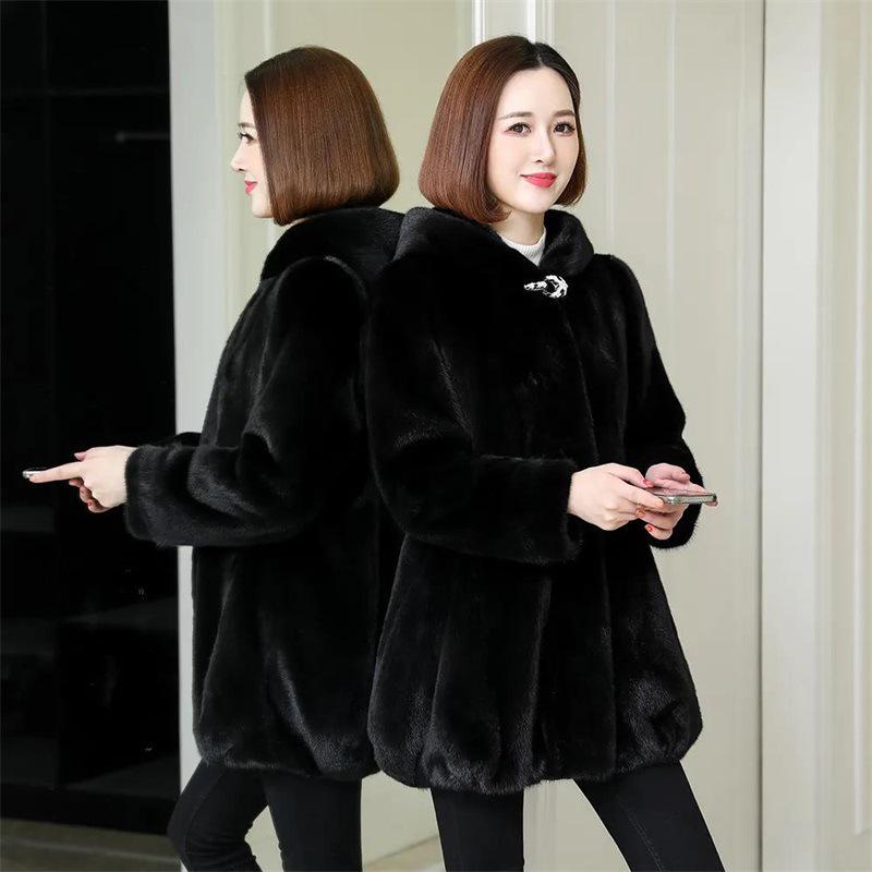 2026 Women's Mid-Length Hooded Faux Mink Fur Coat