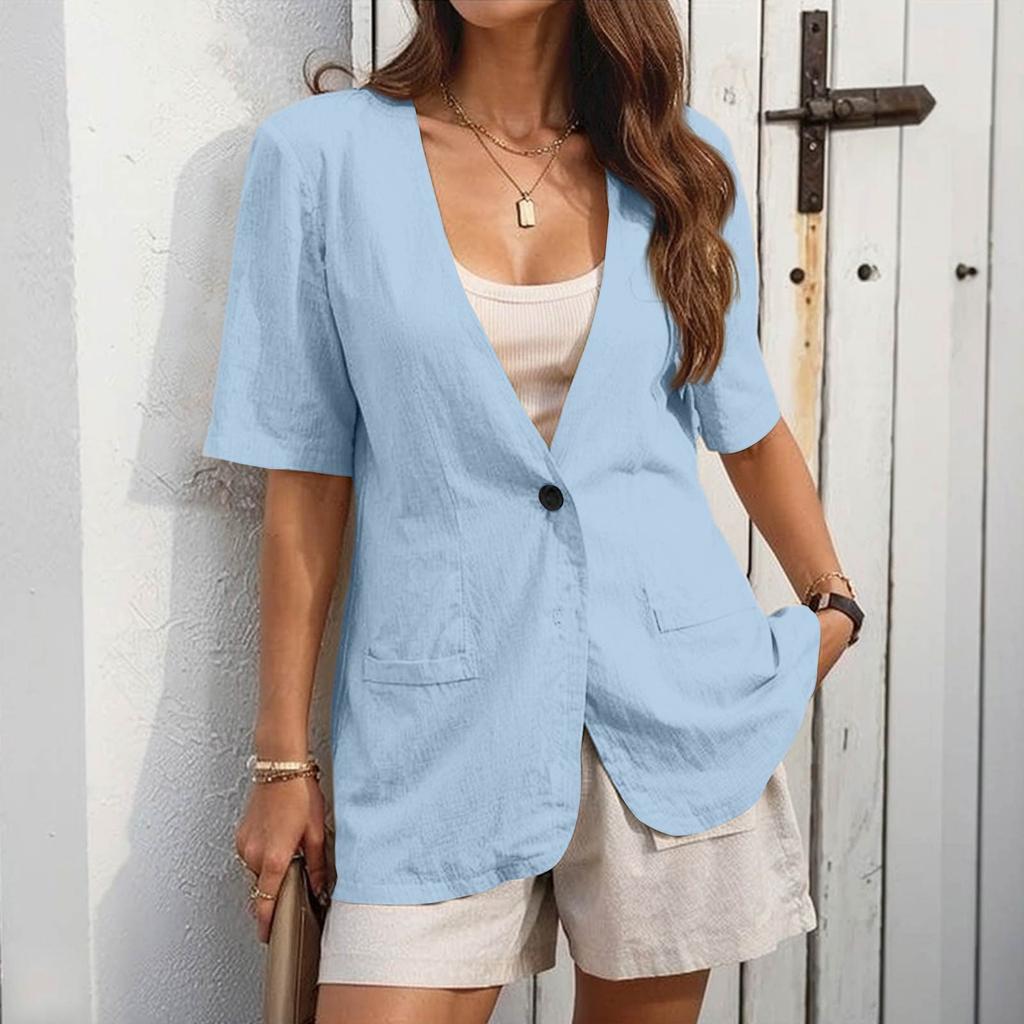 Women's  Work Casual Short Sleeve V-Neck Single Button Solid Color Coat
