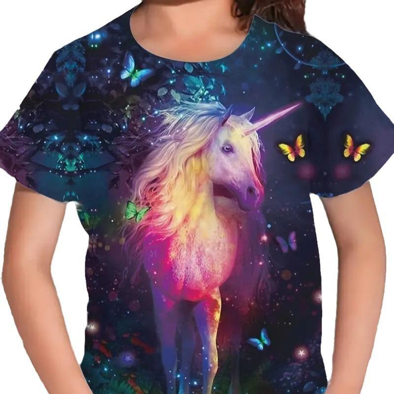 Nowy kreskówkowy T-shirt dziecięcy T-shirt z krótkim rękawem luźny casualowy wzór z koniem topy dla dziewczynek