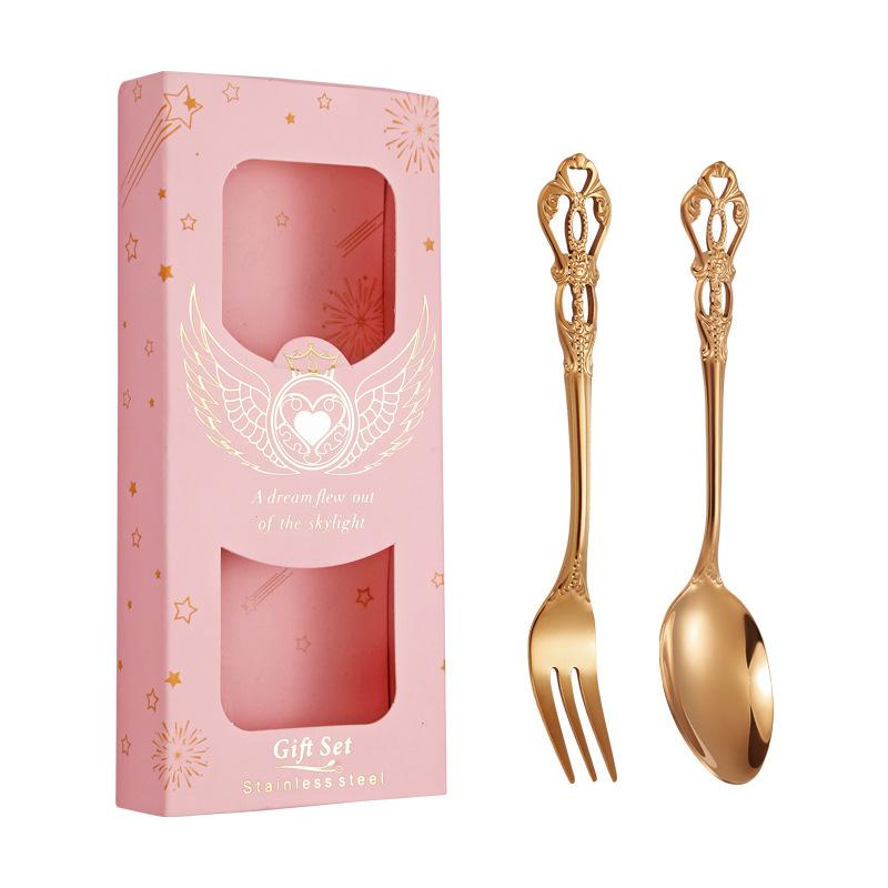 Stainless Steel Spoon Fork Two-piece Cutlery Gift Box Retro Coffee Spoon and Fork Set with Hand