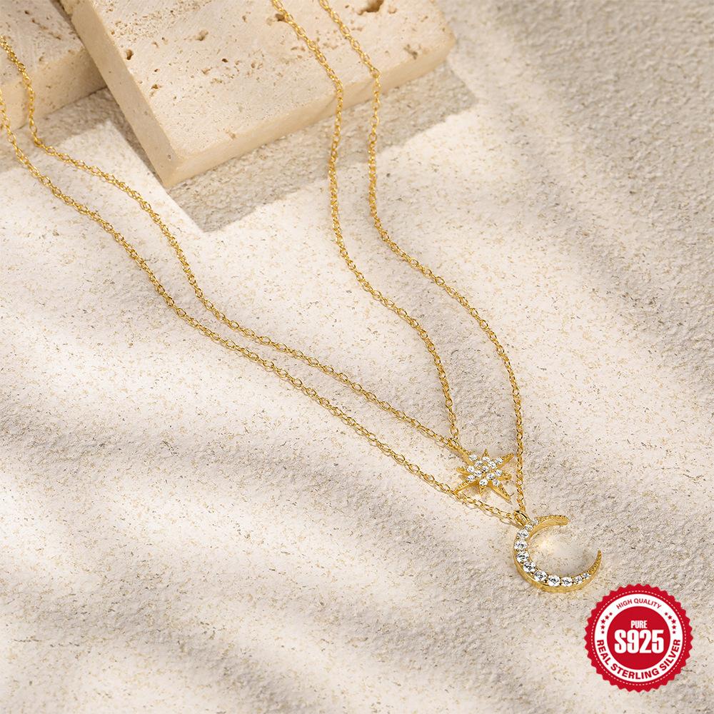 S925 Sterling Silver Double-Layer Stacked Star Star Moon Diamond Women'S Necklace Collarbone Chain Commuting Worry-Free Match