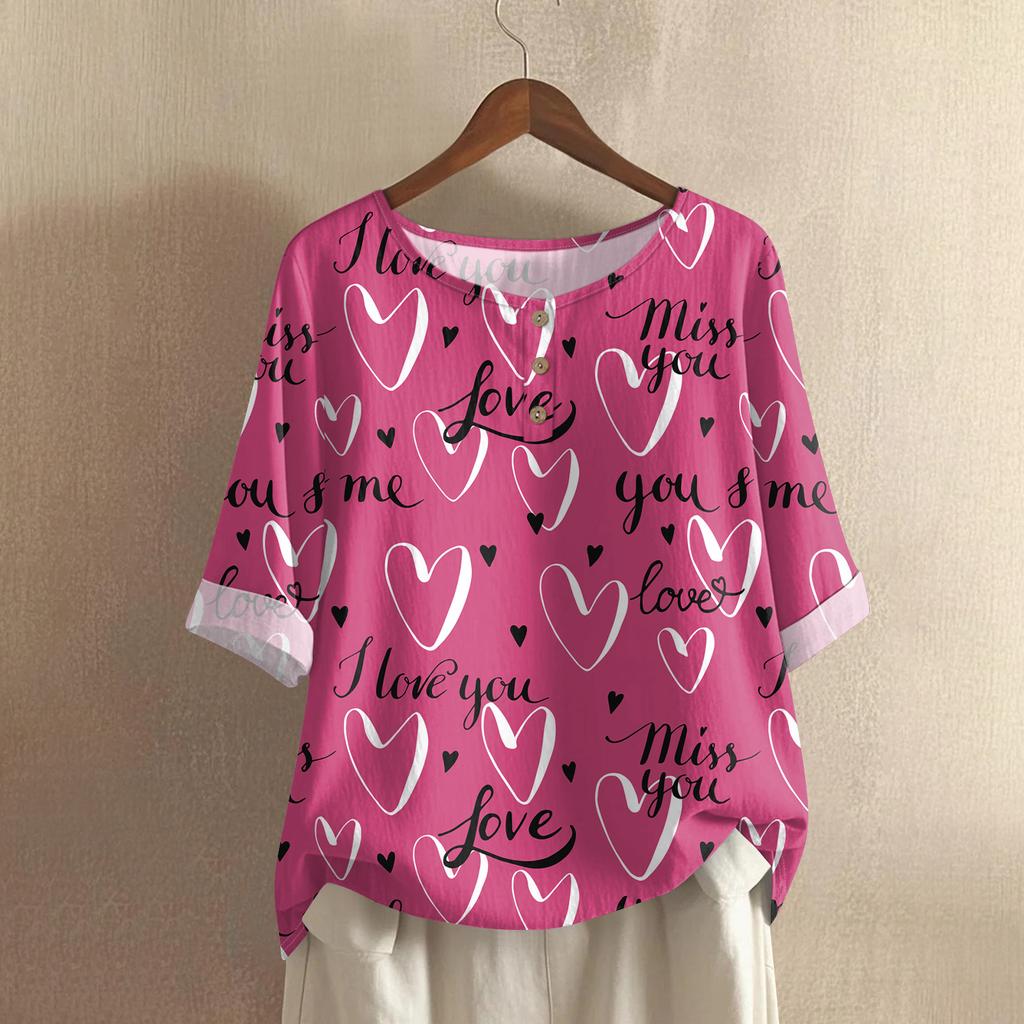 Damska casualowa bluzka z bawełny i lnu, z krótkim rękawem, okrągłym dekoltem i nadrukiem walentynkowym