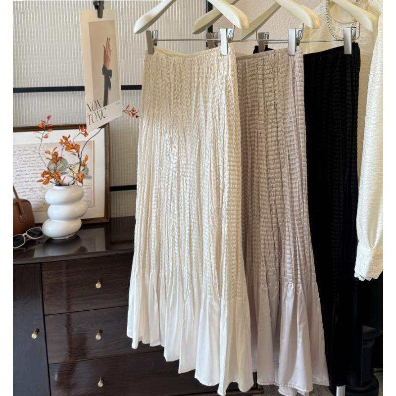 French glossy satin pleated fishtail skirt elegant temperament high waist pleated A-shaped skirt high-end long skirt