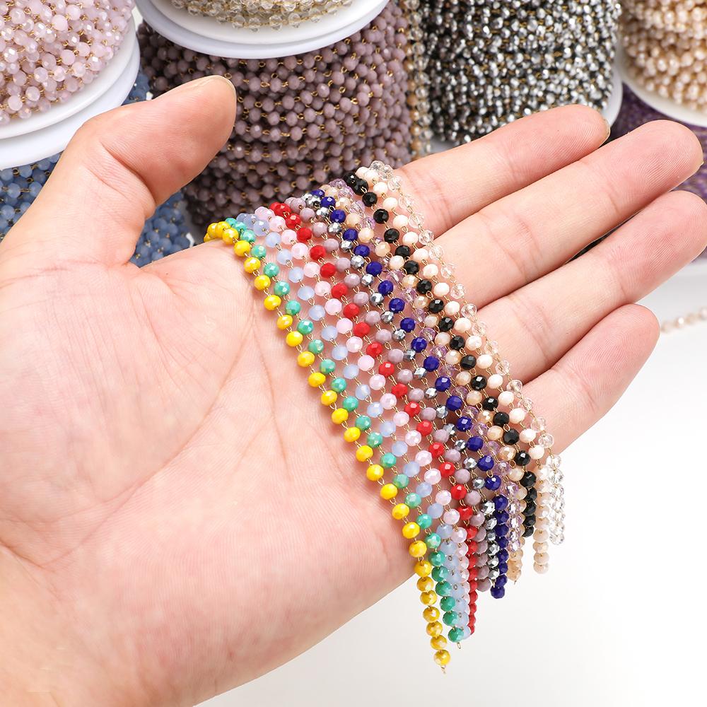 1 Meter Stainless Steel Glass Faceted Beaded Chains 3mm Eyeglass Beads Handmade Rosary Chain for DIY Necklace Bracelet Anklets