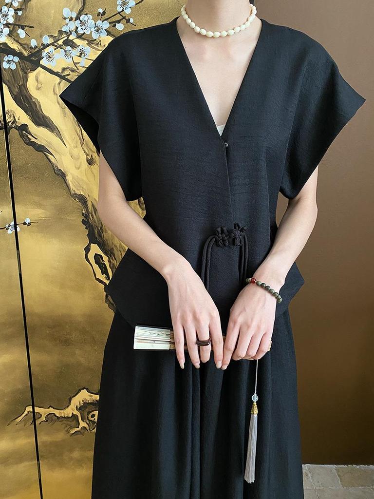 Sinan Tencel Vertical Cut Texture Top & Skirt Set SN5633 - Modern Chinese Style