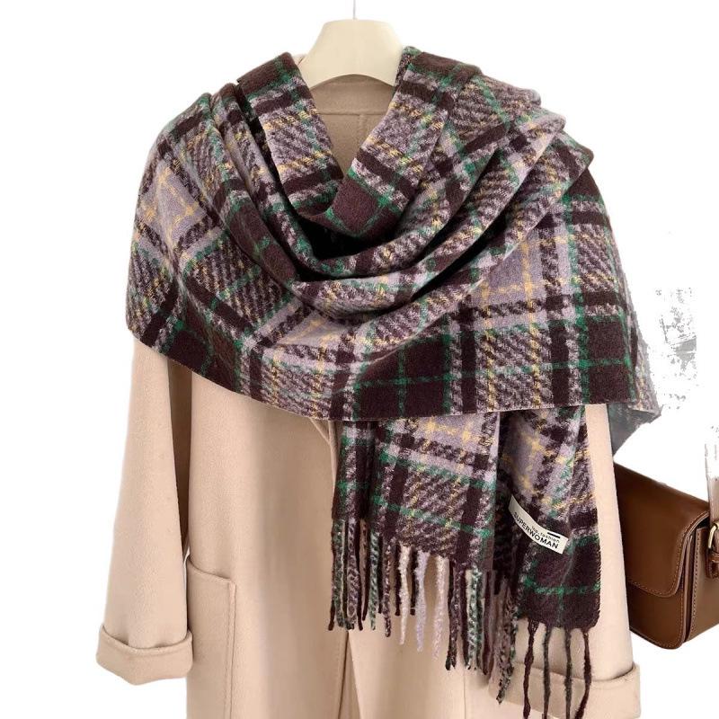 Plaid Korean Style Scarf 2025: Imitation Cashmere, Tassel Shawl for Autumn/Winter, Warm Thick Neck Warmer for Couples