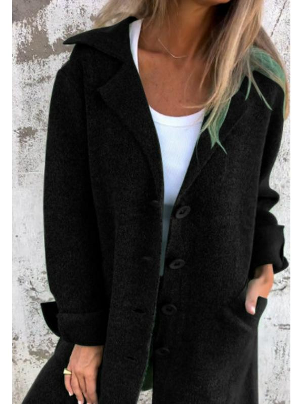 Women's Solid Color Turn-Down Collar Mid-Length Cardigan Coat with Pockets (Single-Breasted) - 2024 Autumn/Winter Collection