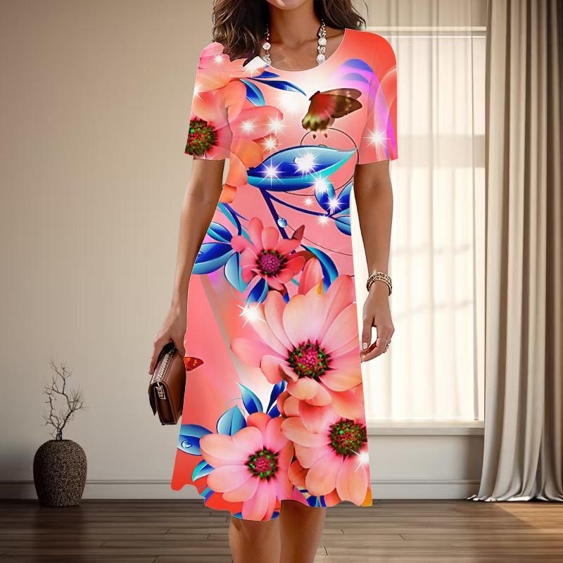 Women's Fashion Graceful Beautiful Flower Print Summer Spring Short Sleeve O-Neck Casual Dresses
