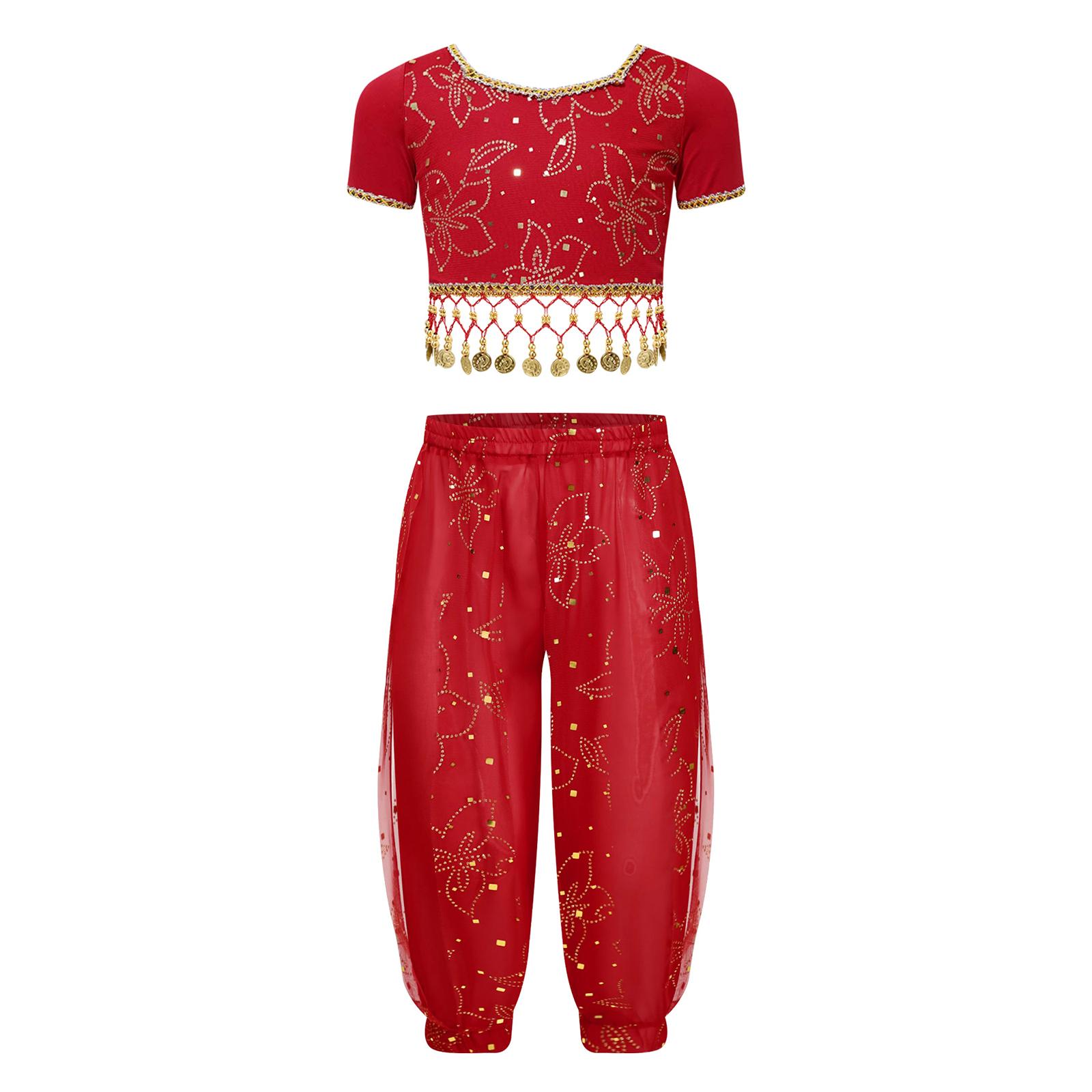 

Костюм для танца живота для девочек, укороченный топ с цветочным принтом, со шнуровкой на спине, расшитый блестками, наряд для вечеринки с цепочкой на талии