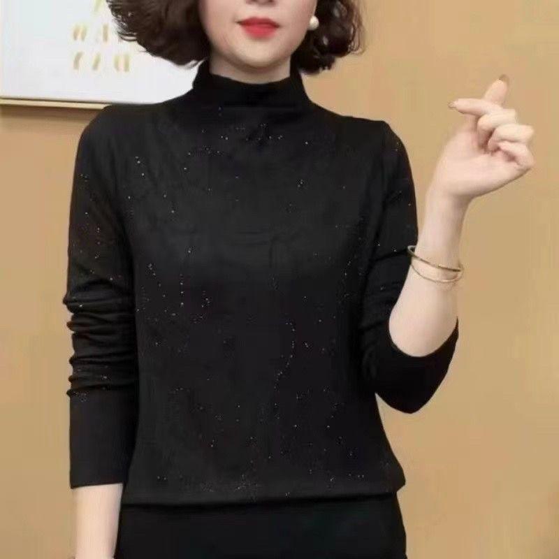 

Немецкая бархатная темпераментная рубашка с высоким воротом и длинными рукавами для женщин, однотонный утягивающий женский теплый топ со стразами горячего тиснения XL