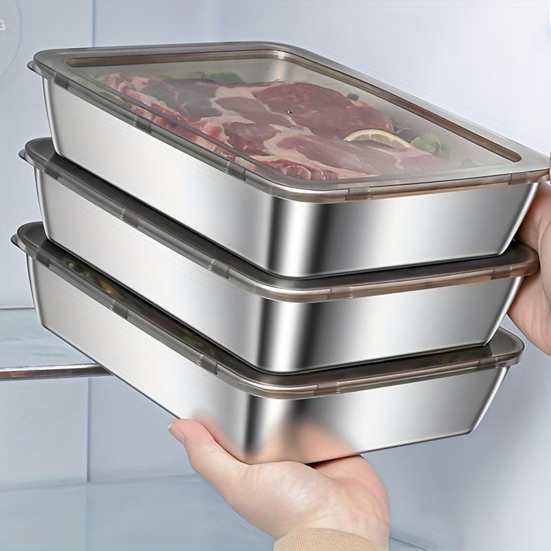 Stainless Steel Food Storage Container Rectangle Dish with Cover Noodles Fruit Tray Lunch Box Thick Refrigerator Organizer Plate