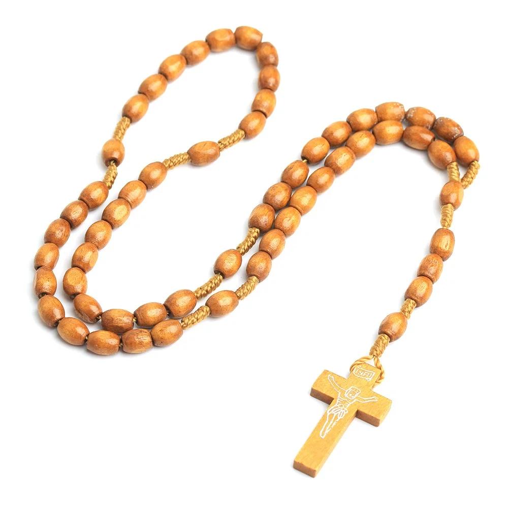 Nuevo Colgante de Coche con Cruz de Cuentas de Madera Para Mujeres Hombres Católico Cristiano Religioso Jesús Rosario Joyería Regalo