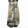 American heavy industry old retro hole splashing ink wide leg jeans wasteland style design thin loose scimitar pants