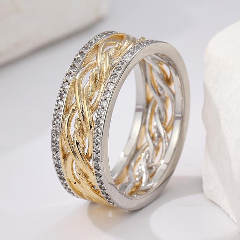 Dazzling Two Color Inlaid White CZ Surround Women's Ring Geometry Daily Wear Party Jewelry