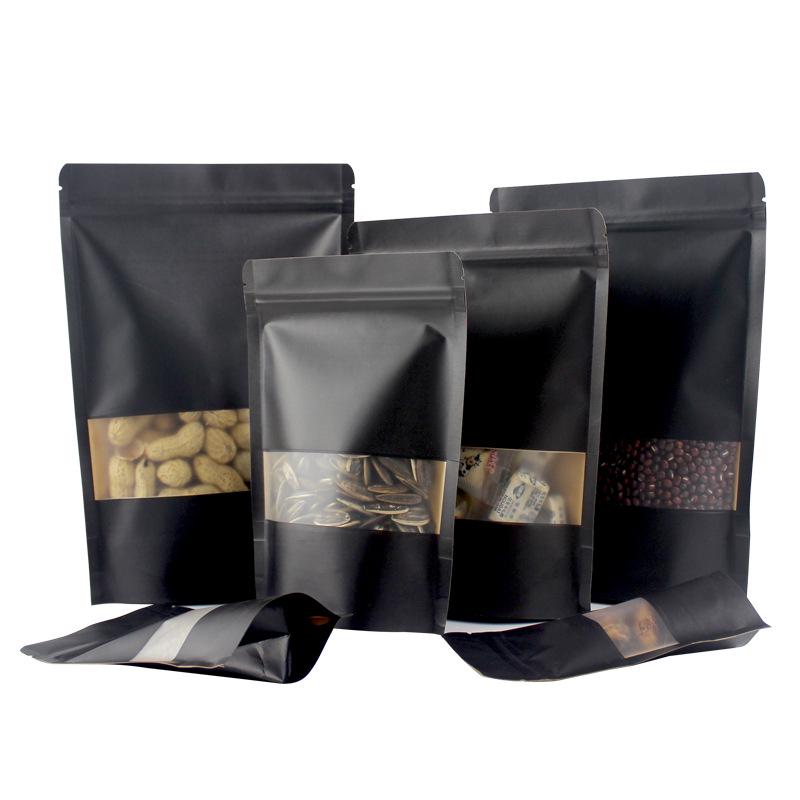Black Frosted Stand-Up Kraft Paper Bag with Window - Self-Sealing Food Packaging for Tea and Snacks
