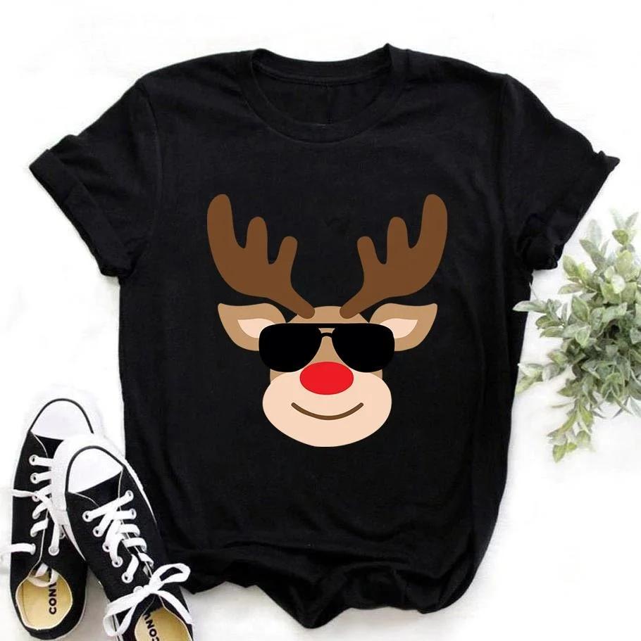 Christmas Deer Print T-shrits For Women Summer Short Sleeve Round Neck Cute T-shirt Creative Personalized Tops