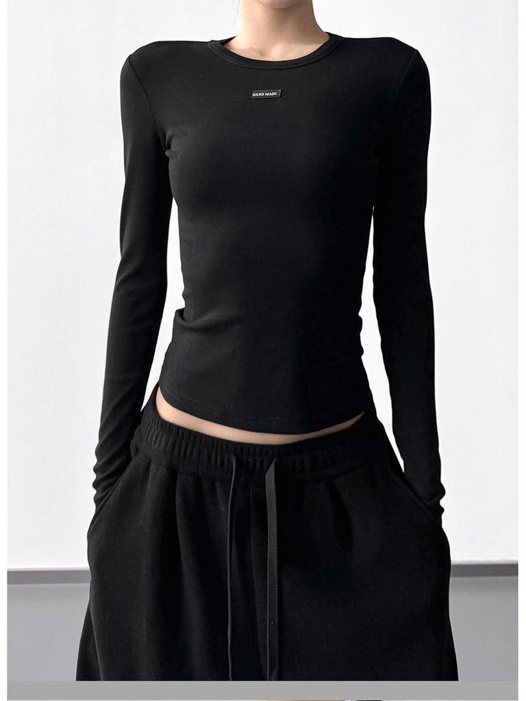 Women's Grey Round Neck Slim Fit Long T-Shirt - 2025 Autumn/Winter Collection