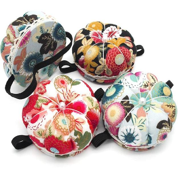 Jafirous 3Pcs DIY Sewing Pincushion Pumpkin Shape Cotton Fabric Button Wrist Strap for Cross Stitch Sewing Safety Pin Cushion Accessories Elastic