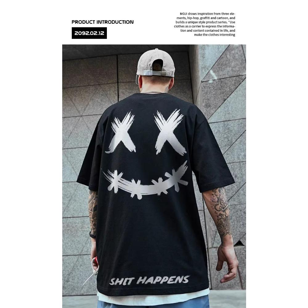 2023 T-shirt Summer New Fashion Men's Smiling Face Letter Print Pattern Casual Loose Street Fitness High Quality Cotton Top